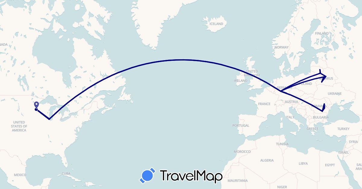 TravelMap itinerary: driving in Belarus, Germany, Lithuania, Romania, United States (Europe, North America)